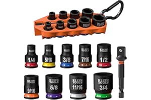 Klein Tools 33809 Grab-and-Go Impact Socket Set, SAE, 10-Piece Set with Sleeve, Carabiner, and 3/8-Inch Drive, Color-Coded 1/