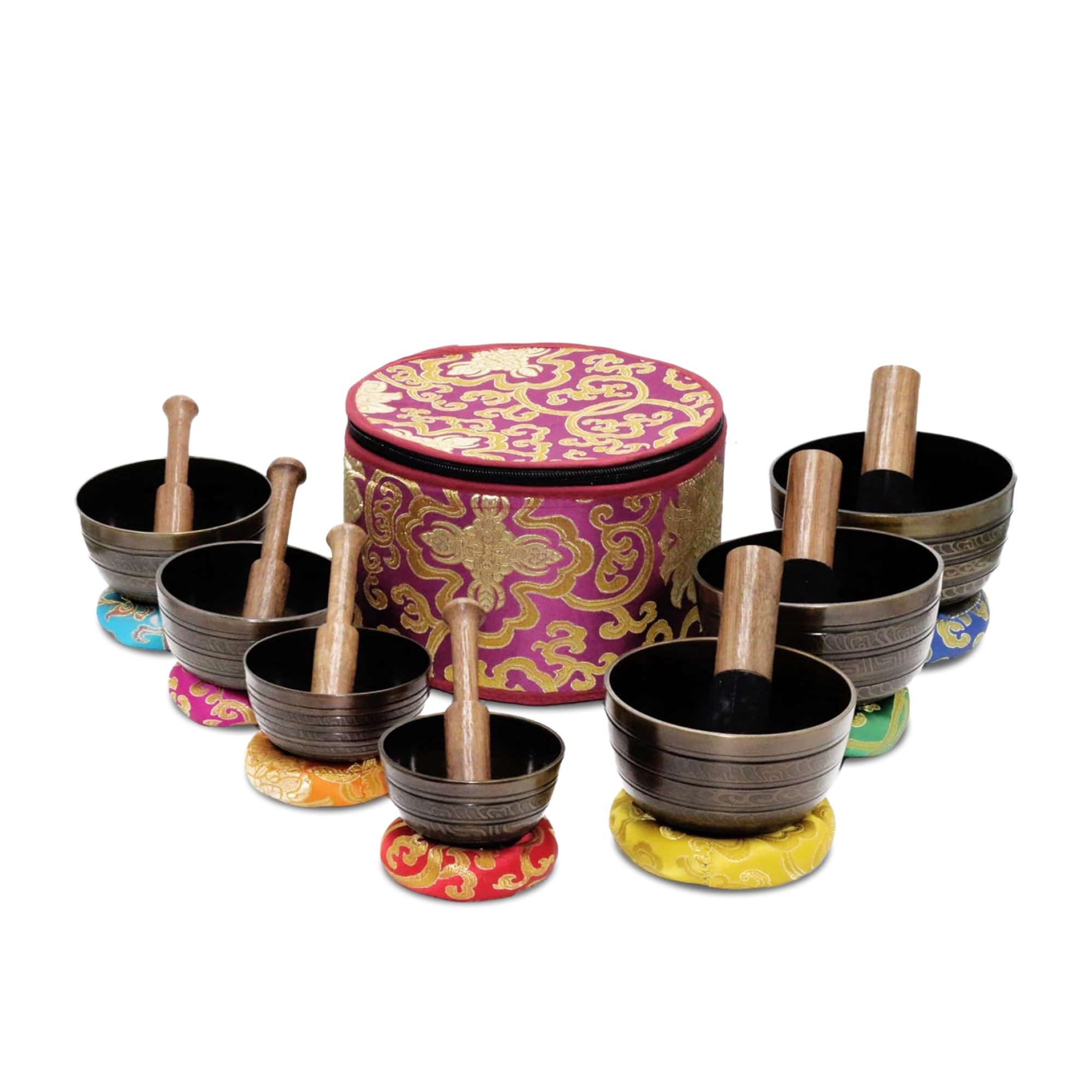 Photo 1 of Sanskar Nepal - Tibetan Singing Bowl Set of 7, Handcrafted Singing Bowl for Meditation & Holistic Healing, Yoga Accessories, 3-5” Black Singing Bowls with Wooden Striker, Cushion & Purple Carry Box