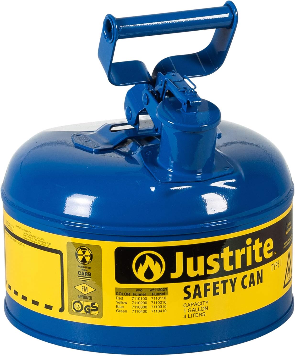 Justrite 7110300 1 Gallon, Galvanized Steel Type I Blue Safety Can