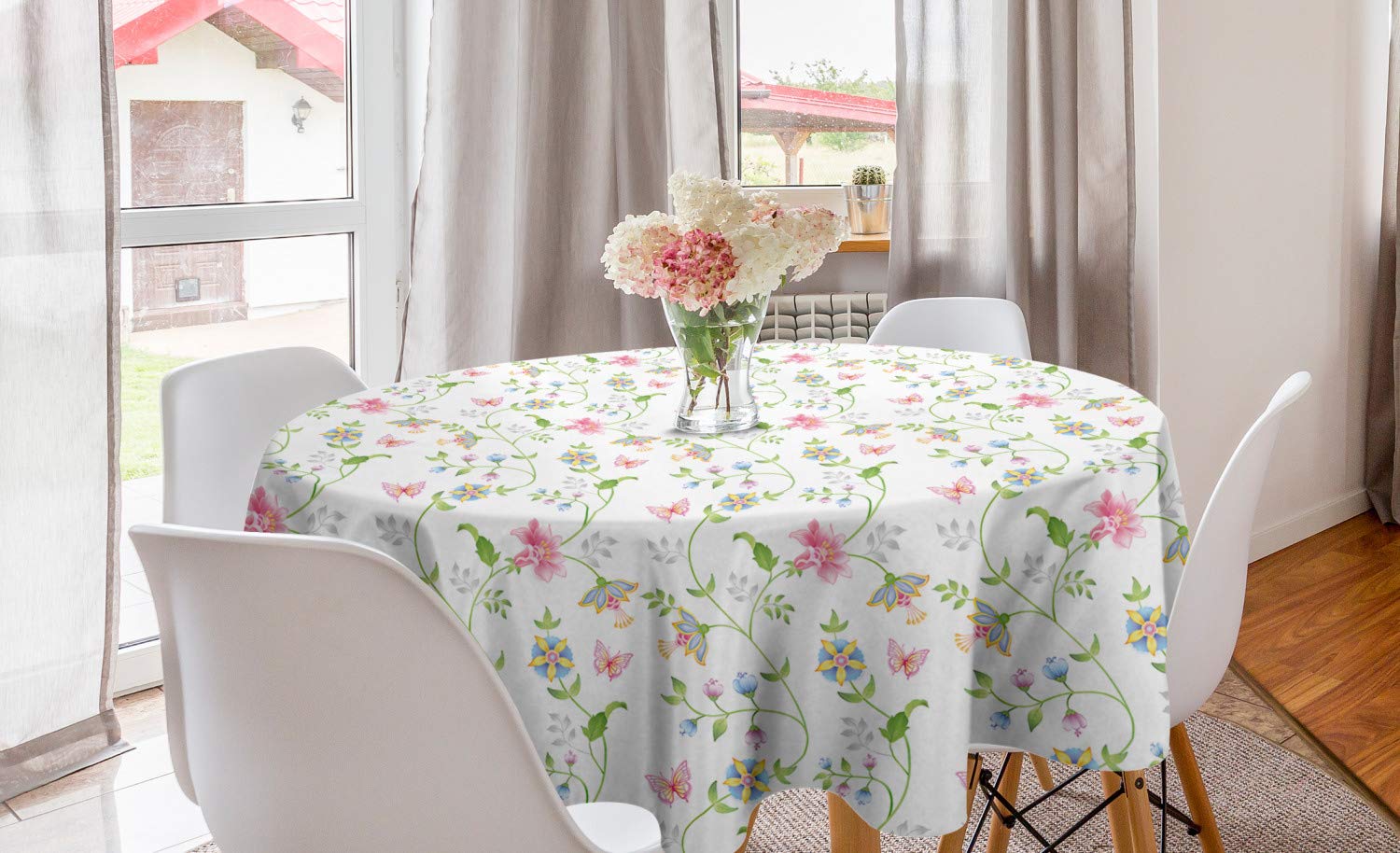 ABAKUHAUS Flower Garden Round Tablecloth, Botanical Theme Floral Elements Colorful Blossoms Along Butterflies, Circle Table Cloth Cover for Dining Room Kitchen Decoration, 60", Sky Blue Pink Green