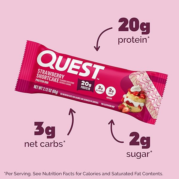 QUEST NUTRITION PROTEIN BARS, STRAWBERRY SHORTCAKE, 20G PROTEIN, 2G SUGAR, 3G NET CARBS, 10G FIBER, GLUTEN FREE, 12 COUNT
