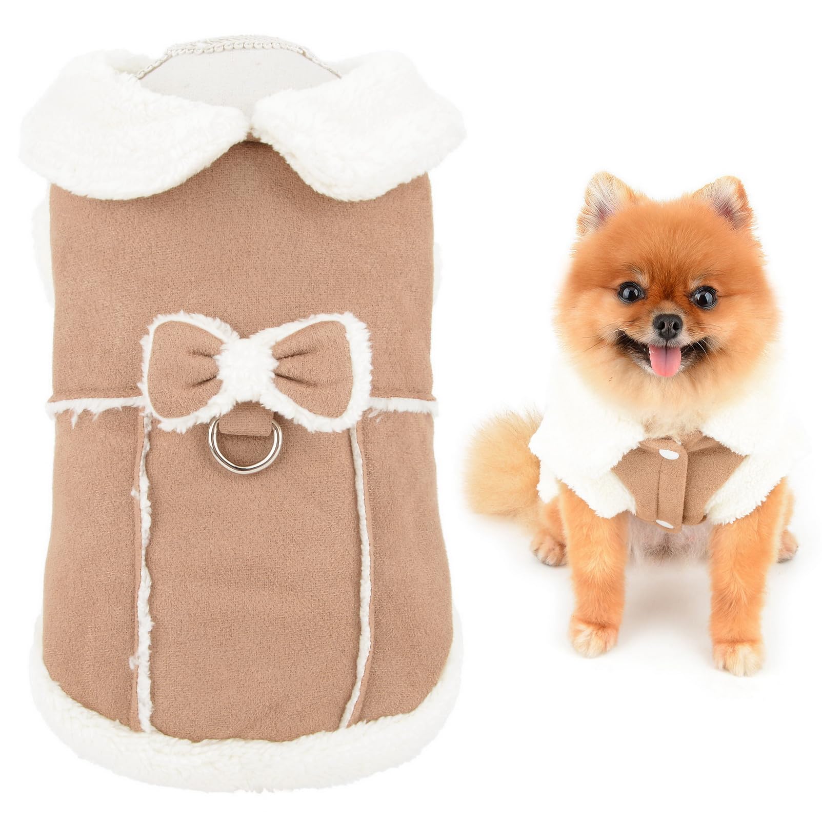 SMALLLEE_LUCKY_STORE Fleece Dog Coat for Small Dog Girls, Pet Harness Jacket with Bow and D-ring, Soft Vest Fall Winter Clothes with Fuzzy Collar Chihuahua Yorkie Cat Apparel, Khaki, S