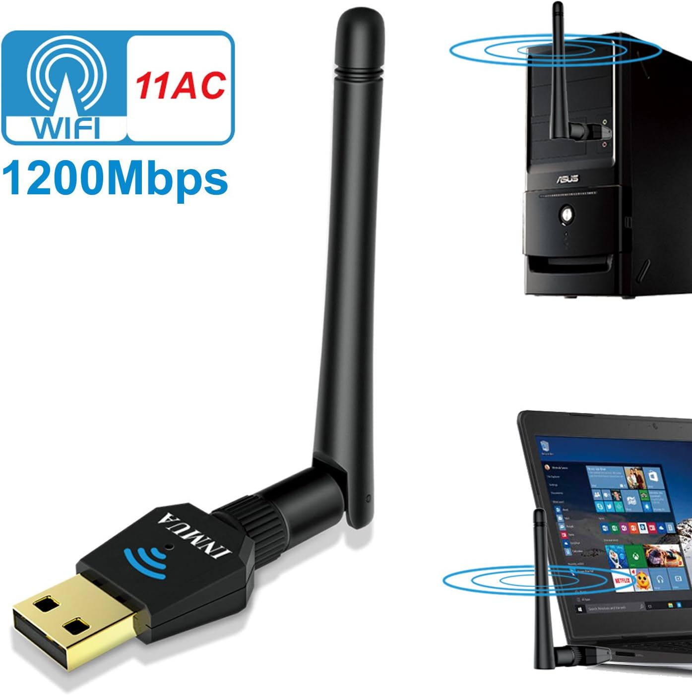 1200Mbps USB WiFi Adaptateur, WiFi USB 3.0 Longue portée sans Fil USB Dongle Dual Band 2,4G 300M