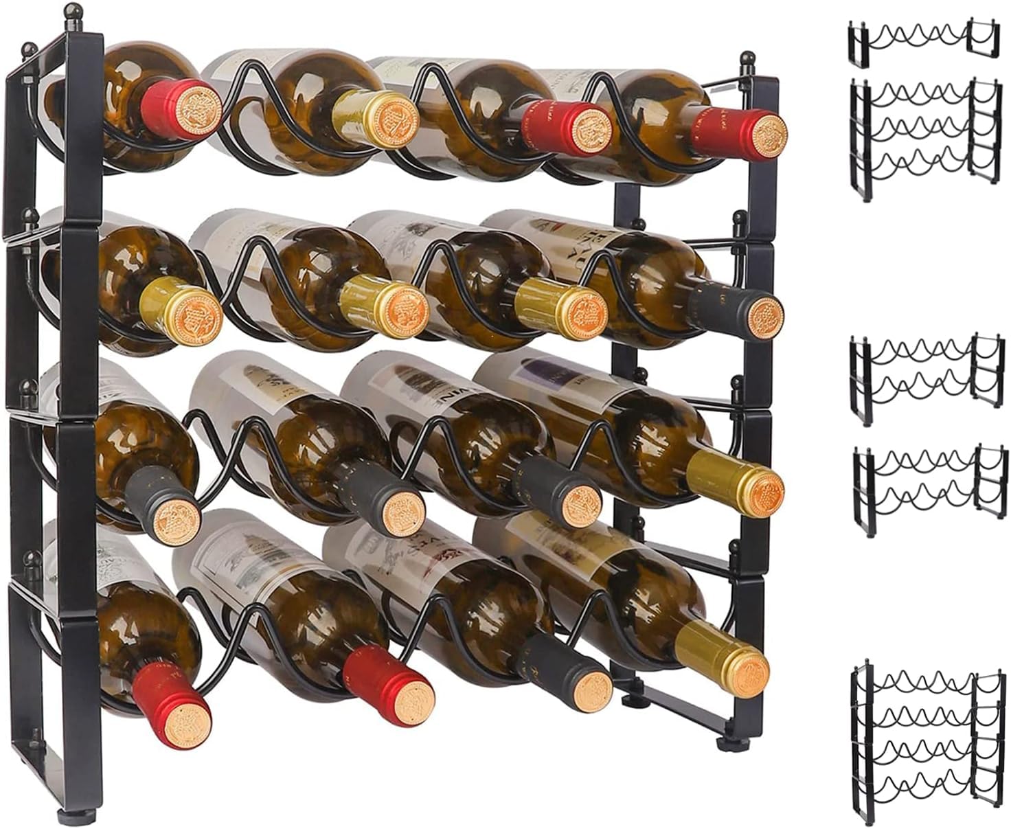 TONLEA 4-Tier Wine Bottle Holder - 16 Bottle Storage, Stackable Wine Rack for Cabinet or Pantry (Black)