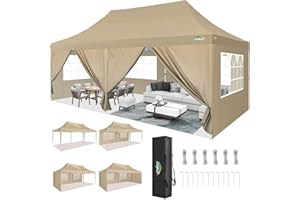 COBIZI 10x20 Pop Up Canopy with 6 Sidewall, Commercial Canopy UPF 50+ Waterproof Outdoor Gazebo with Carry Bag, Tents for Parties with Upgrade Frame, 3 Height Adjustable, Khaki