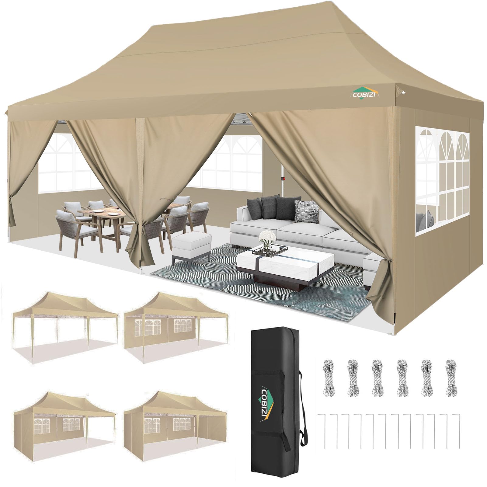 View 1 of **DAMAGED SIDEWALLS***COBIZI 10x20 Pop Up Canopy with 6 Sidewall, Commercial Canopy UPF 50+ Waterproof Outdoor Gazebo with Carry Bag, Tents for Parties with Upgrade Frame, Carpas para Fiestas, 3 Height Adjustable, Khaki