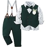 YALLET Toddler Baby Boy Clothes Suit Gentleman Wedding Outfits, Formal Dress Shirt+Bowtie+Vest+Boutonniere+Suspender Pants