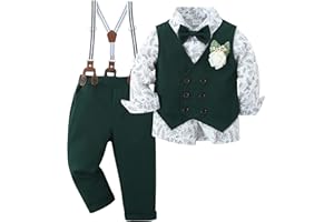 YALLET Toddler Baby Boy Clothes Suit Gentleman Wedding Outfits, Formal Dress Shirt+Bowtie+Vest+Boutonniere+Suspender Pants