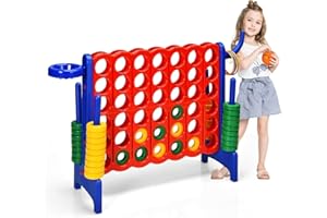 COSTWAY Jumbo 4-to-Score Giant Game Set for Kids & Adults, 2.5Ft Indoor Outdoor Game with Basketball Hoop, Ring Game, 42 Jumb