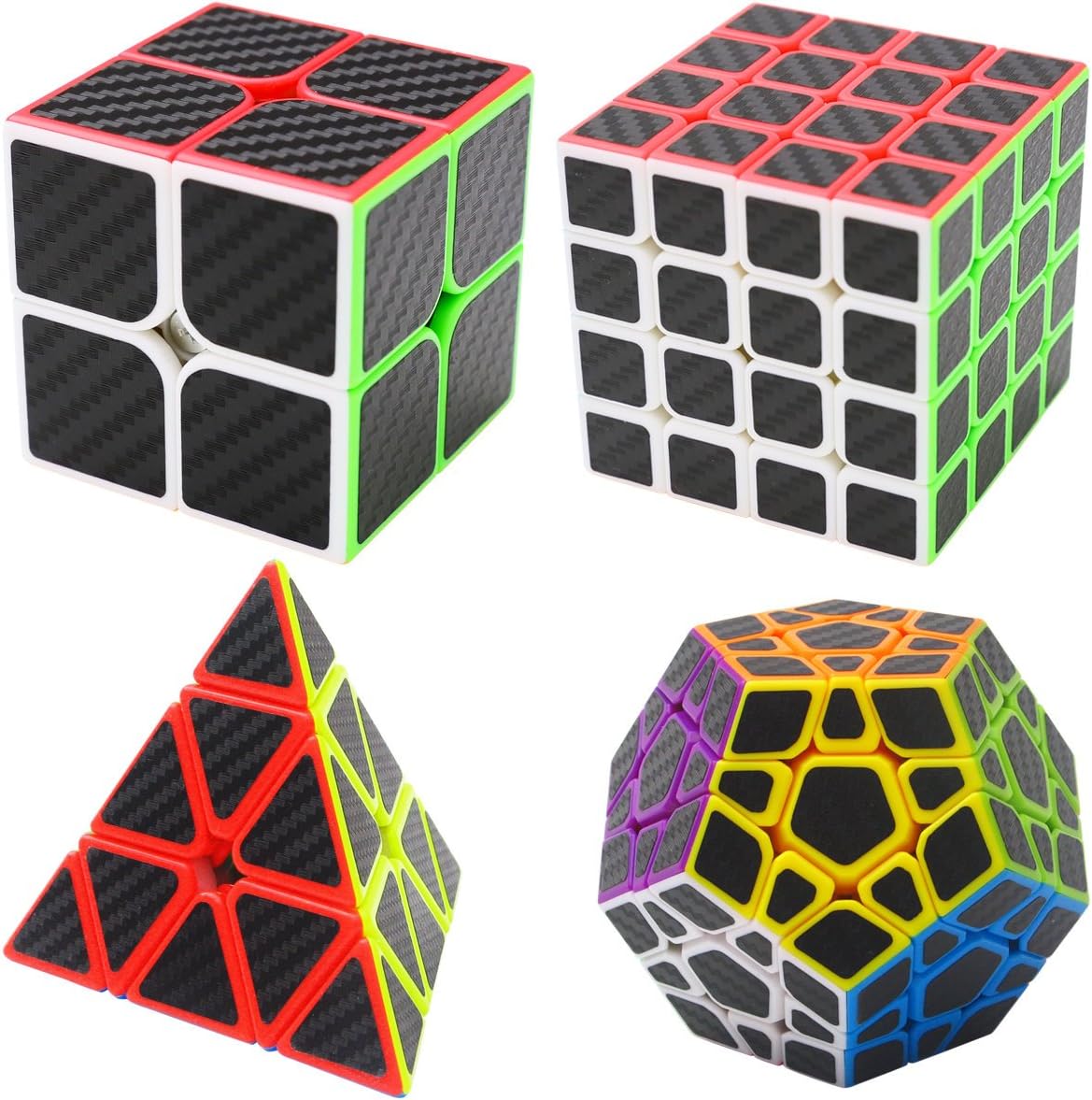 Coolzon Magic Cube Set Speed Puzzle Cubes 4 Pack 2x2x2 + 4x4x4 + Pyraminx Pyramid + Megaminx Carbon Fiber Sticker