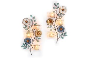 Sziqiqi Candle Sconces Wall Decor: Wall Candle Holder with 6 Glass Cups for Tealight - Colorful Metal Flower and Leaf Sconces for Living Room Bedroom