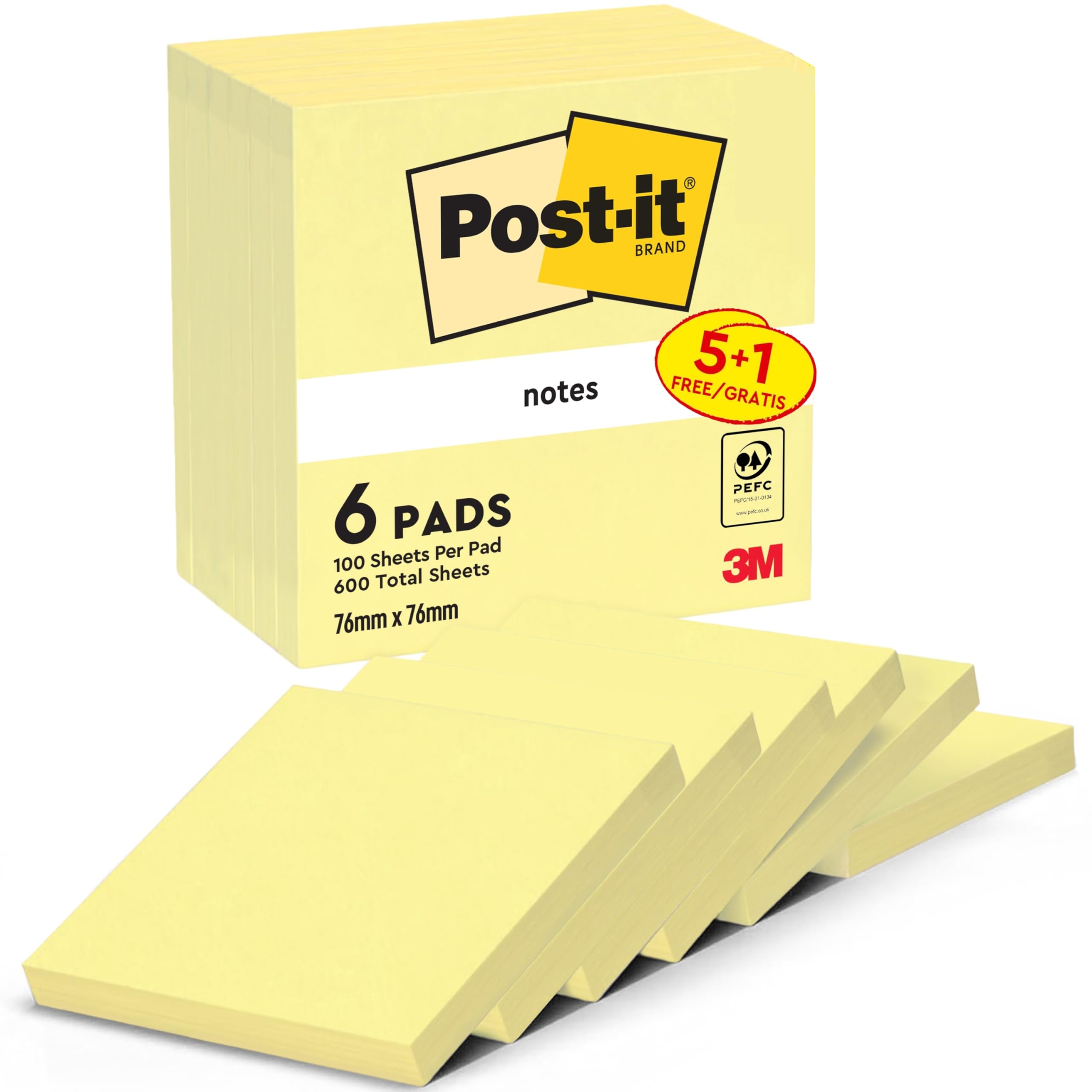 Post-it Notes Canary Yellow,Value Pack, Pack of 5 + 1 Free Pads, 100 Sheets per Pad, 76 mm x 76 mm, Yellow Color - Self-stick Notes For Note Taking, To Do Lists & Reminders