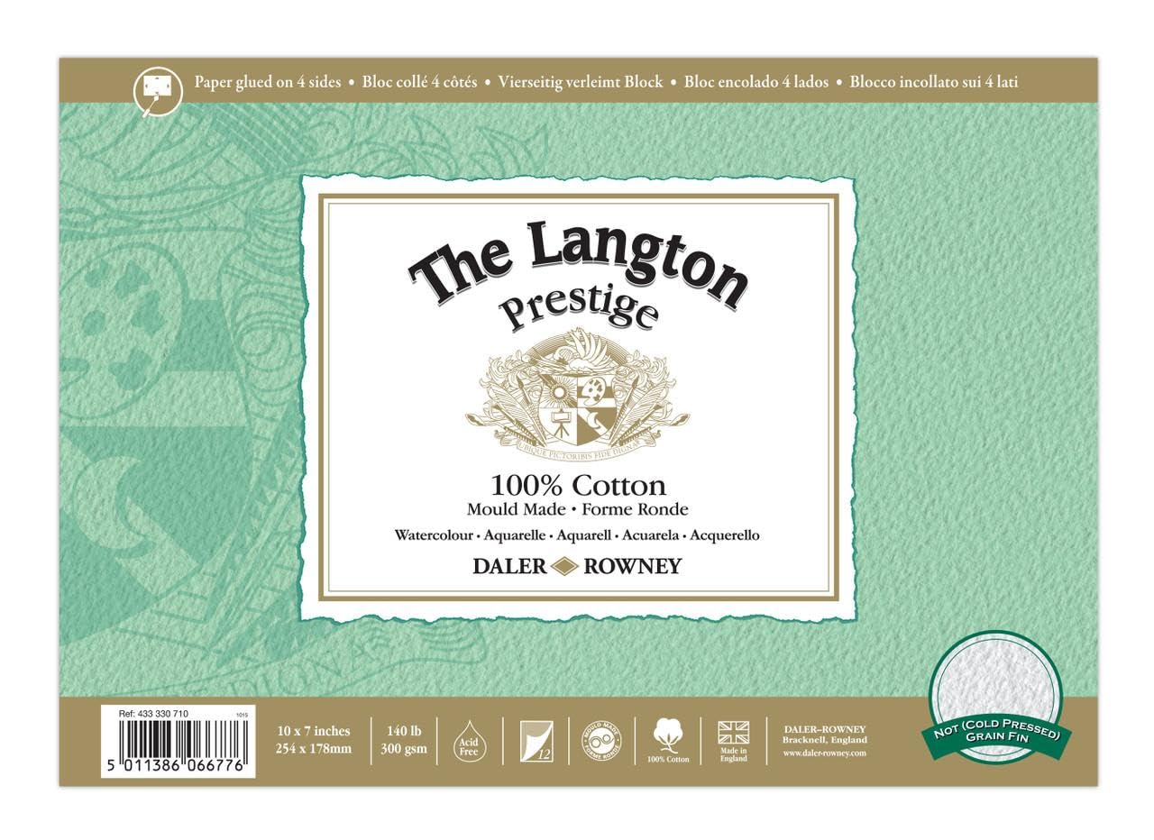 Daler-Rowney The Langton Prestige Watercolour Paper, Cold Pressed, 300 gsm, 140lb, Pad, Glued 4 Sides, 10 x 7in - 25.4 x 17.8 cm, Natural White, 12 Sheets
