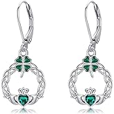 MONGAS Claddagh Earrings Sterling Silver Celtic Claddagh Leverback Earrings Clover Irish Jewelry for Women