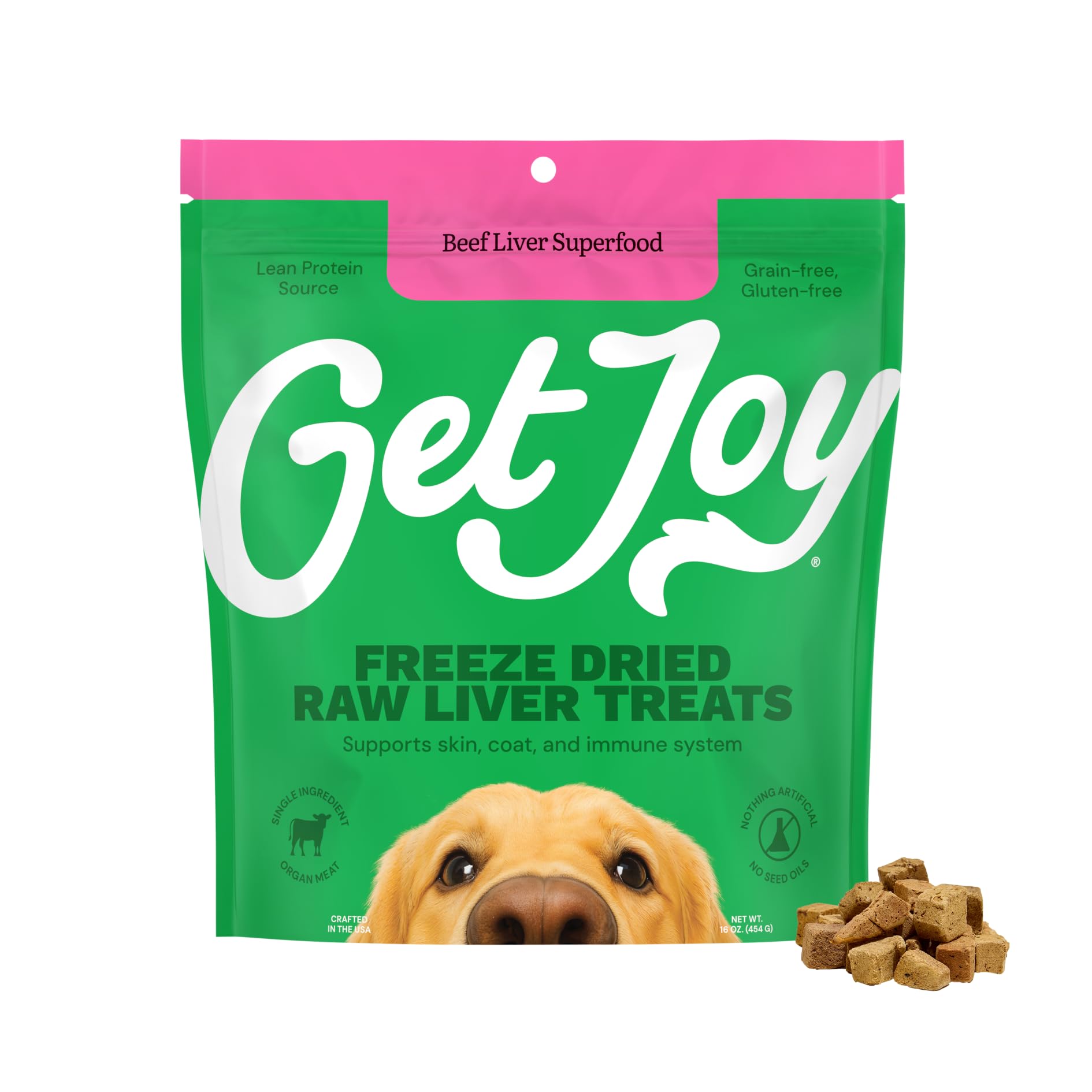 Get Joy Freeze Dried 100% Beef Liver Dog Treats, 16oz | Single Ingredient Organ Meat, High Protein Raw Dog Food Topper, Snack & Training Rewards | Grain Free, Gluten Free, Filler Free Image