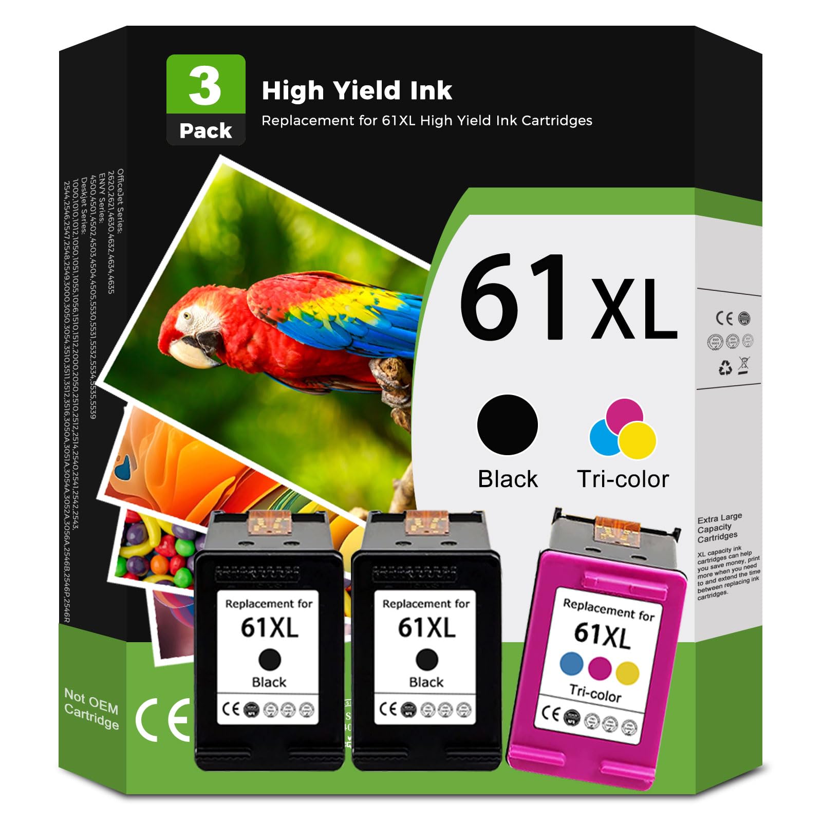 Compatible 61XL Ink Cartridge Replacement for HP 61 Envy 4500 5530 4630 2540 4502 3510 3050 1510 4632 4501 2542 2514 4635 3050a 5535 4610 2620 1000 1010 HP61, Black, Tri-Color, 3-Pack