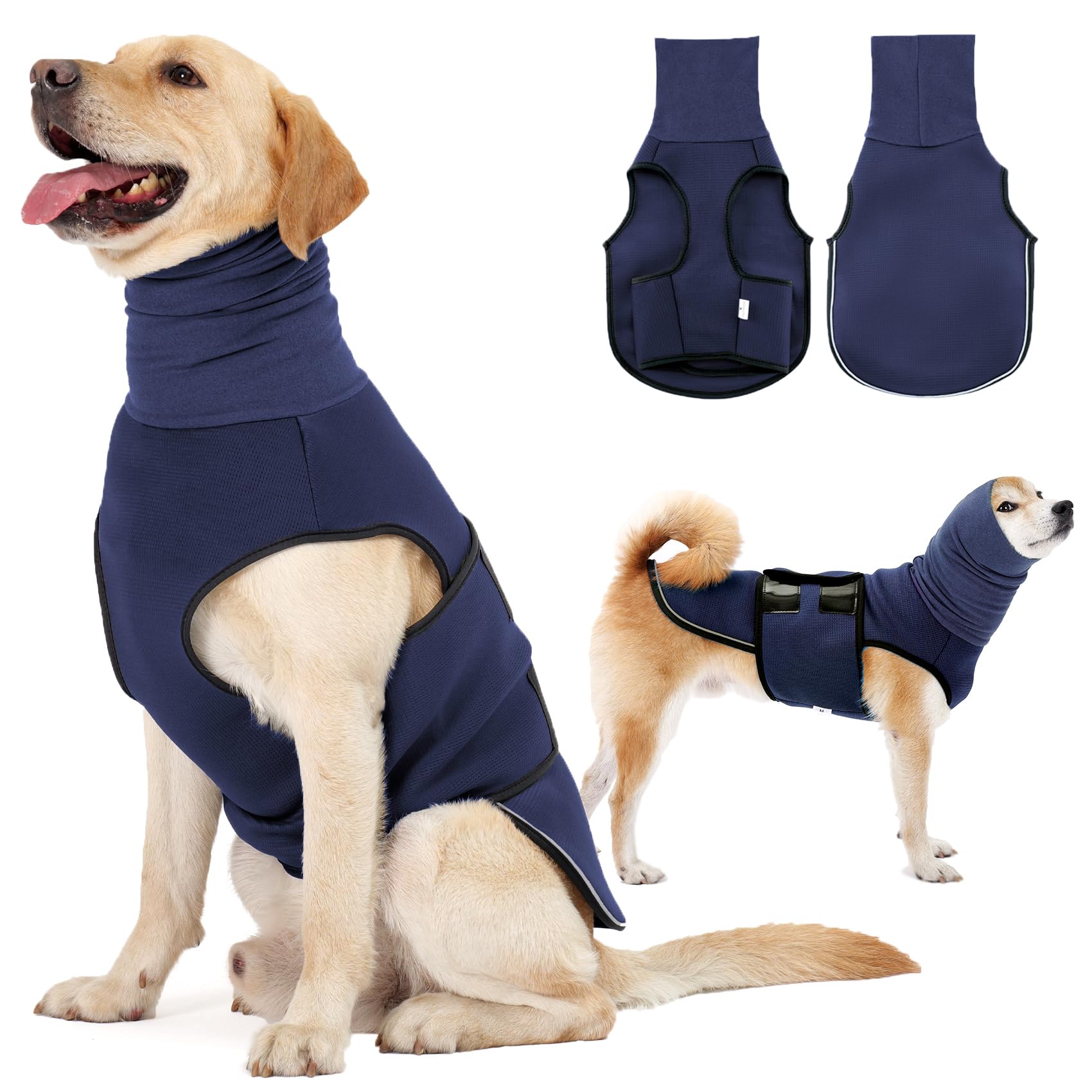 Dotoner Dog Anxiety Relief Coat,2-in-1Calming Anxiety Jacket for Dogs with Soft Ear Muffs Hood for Noise Dog Anxiety Vest with reflective strips Belly Coverage Anti-Anxiety Wrap Relief Stress