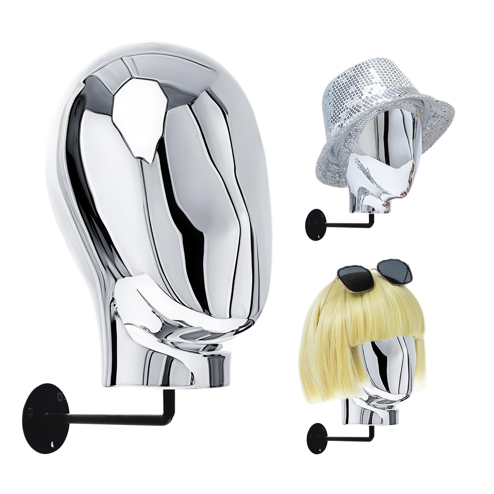 TINGSING Wall-Mount Mannequin Head Hat Display Stand Chrome Wig Holder Stylish Wig Head Stands for Hats, Wigs, Glasses, Luxury Look at Home, Salon, Head Swivels, 20'' Circumference