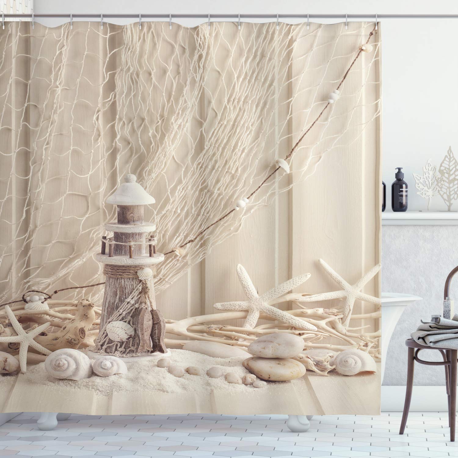 ABAKUHAUS Fishing Net Shower Curtain, Marine Theme Sea Stars and Shells Underwater Life Wooden Lighthouse Print, Cloth Fabric Bathroom Decor Set with Hooks, 175 x 240 cm, Beige Cream
