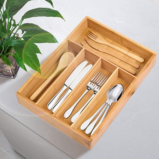 Amazon Com Bamboo Wooden Cutlery Drawer Organizer With 5