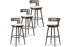 PURPLE LEAF Outdoor Swivel Bar Height Stools Set of 4 Metal Modern Wicker Bar Chairs with Back Aluminum Woven Barstools with Cushions for Kitchen Balcony Garden Indoor Brown