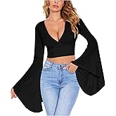 Floerns Women's V Neck Long Bell Sleeve Wrap Blouse Top Tee Shirts
