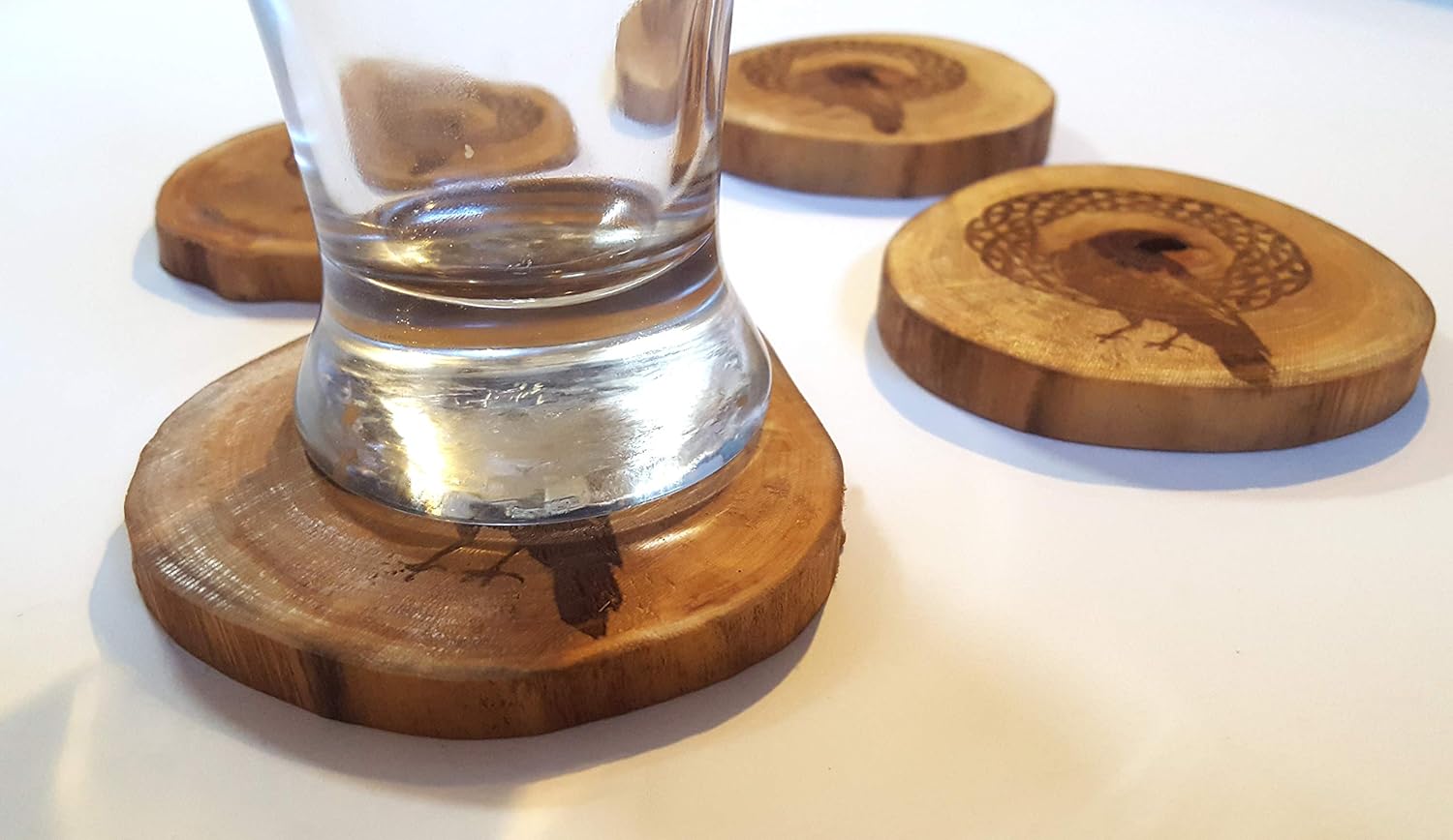 Celtic Raven Rustic Wood Slice Coaster Set Handmade Products Barware  tarnaalignkohtao.com