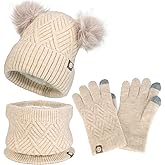 Aofalbe Kids Winter Hat Gloves Scarf Set for Girls Boys, Toddler Knit Beanie Hat Pom & Mittens Neck Warmer Fleece Lined Sets
