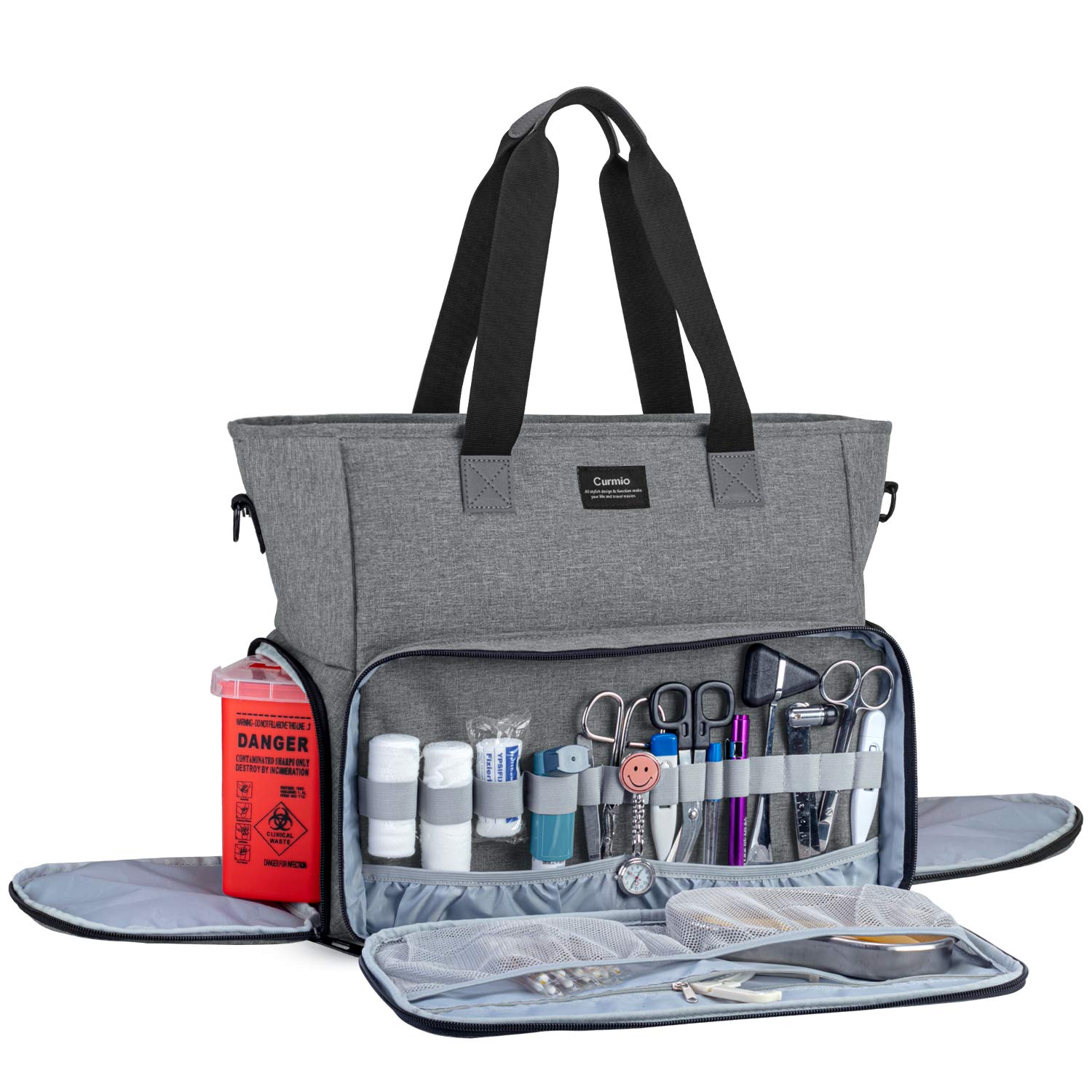 CURMIO Nurse Bag and Tote with Padded Laptop Sleeve, Medical Supplies Bag for Home Visits, Health Care, Hospice, Perfect for Nursing Students, Medical assistant, Visiting nurses,BAG ONLY,Grey