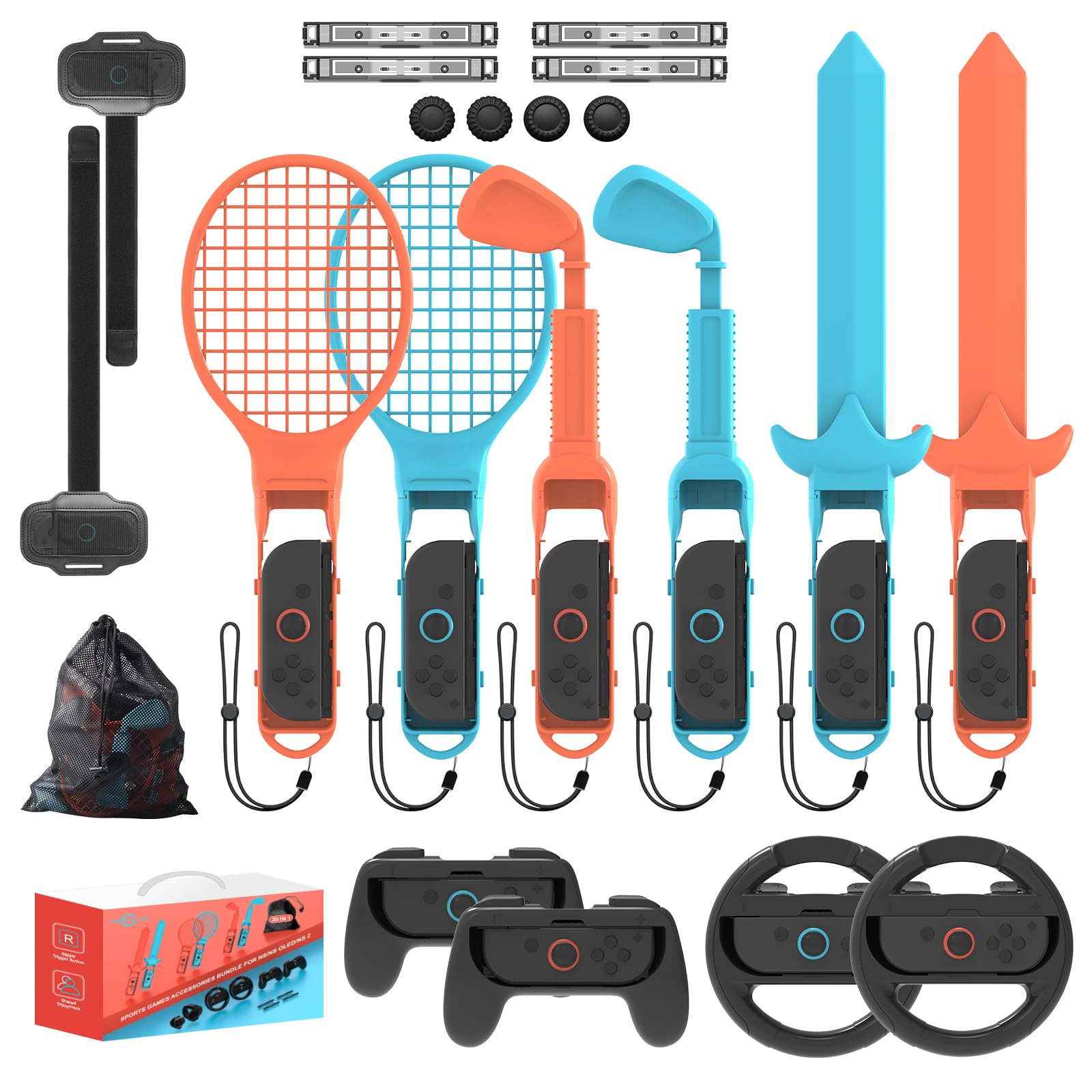 Switch 2/1 Sports Accessories,KEPLUG 20 in 1 Sports Bundle for Nintendo Switch 2/1 with 2 Joycon Grips 2 Steering wheels,Durable Family Accessories Kit,2 Tennis Rackets,Golf Clubs 2 Swords 2 Leg Strap
