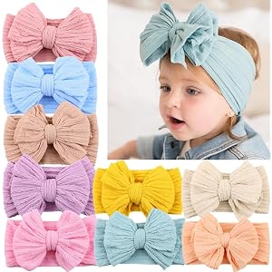 10 Pcs Baby Headbands, Nylon Headbands with Bows Head Wrap, Multiple Colors, for Newborns Infants Toddlers and Kids - Random