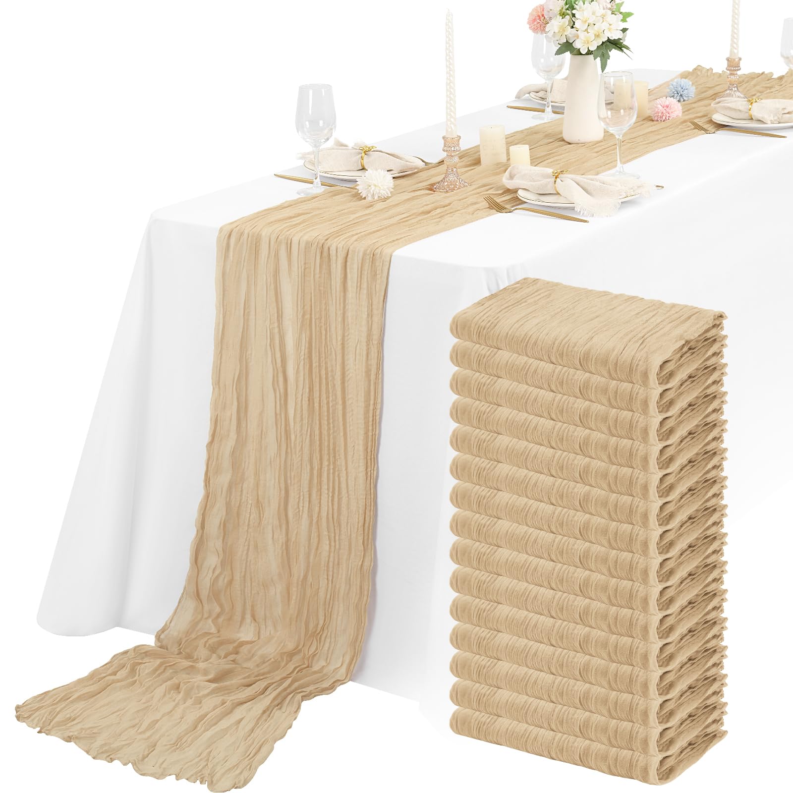 15 Packs Cheesecloth Table Runner Beige Semi-Sheer Table Runner 55x400cm, Light Brown Rustic Gauze Boho Table Runner, Wedding Table Decor Table Cloth for Bridal Shower Party Wedding Holiday