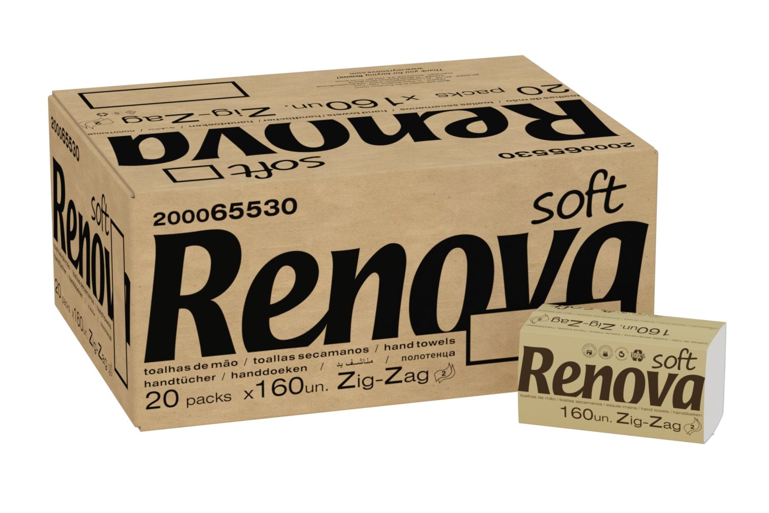 Renova Zig-Zag Hand Drying Towel - 20 Packs of 160 Units