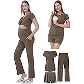 QUNISY Maternity Nursing Pajamas Set 3PCS, Breastfeeding Tops, Adjustable Shorts & Pants, Postpartum Hospital Bag Essentials