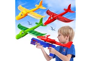 LEMOSTAAR Dinosaur Airplane Launcher Toys for Boys: 3 Pack Dino Foam Airplanes Outdoor Toy Birthday Gifts for Kids Age 4 5 6 7 8 9 10 Years Old 2 Flight Modes Glider Catapult Plane Boy Girl Outside Flying Toys