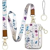 bolimoss 2-in-1 ID Badge Holder & Lanyard Wallet for Womens Cute Floral Zipper Wallet with Removable Wrist & Neck Lanyard, Clear Window, 5 Card Slots, Ring Keychain for Worker Teacher Nurse Couriers
