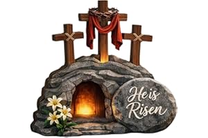 Easter Empty Tomb Scene Decor, Wooden Crosses Resurrection Figurine, He Is Risen Tabletop Statue for Christian Easter Decor, 