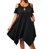 Pinup Fashion Plus Size Sundress - Summer Women Casual Cold Shoulder Handkerchief Hem Dress with Pockets