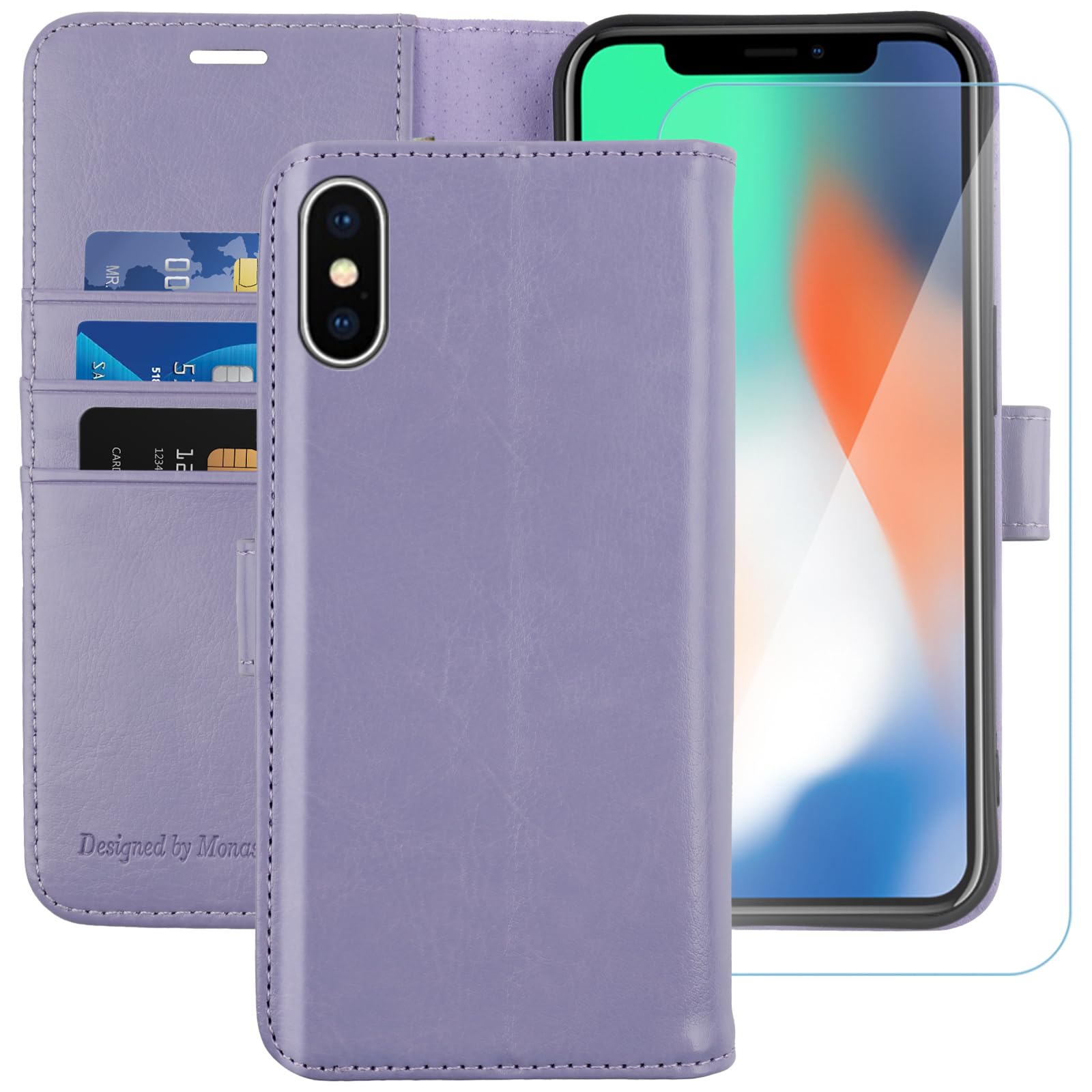 MONASAY iPhone XS Wallet Case/iPhone X Wallet Case,5.8-inch [Glass Screen Protector Included] Flip Folio Leather Cell Phone Cover with Credit Card Holder for Apple iPhone XS/X,Blue Lavenders