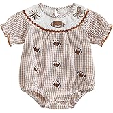 KtwHarnu Newborn Baby Girl Football Outfit Rugby Bow Embroidery Plaid Smocked Bubble Romper Bodysuit Cute Football Clothes
