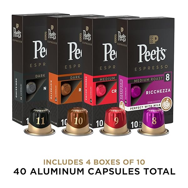 PEET’S COFFEE, DARK AND MEDIUM ROAST ESPRESSO CAPSULES VARIETY PACK, COMPATIBLE WITH NESPRESSO ORIGINAL MACHINE – INTENSITY 8-11, 40 COUNT (4 BOXES OF 10 ESPRESSO CAPSULES)