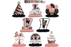LINGTEER Happy 17th Birthday Rose Gold Table Honeycomb Centerpieces Cheers to 17th Birthday Seventeen Years Old Party Table Decorations Gift Sign.
