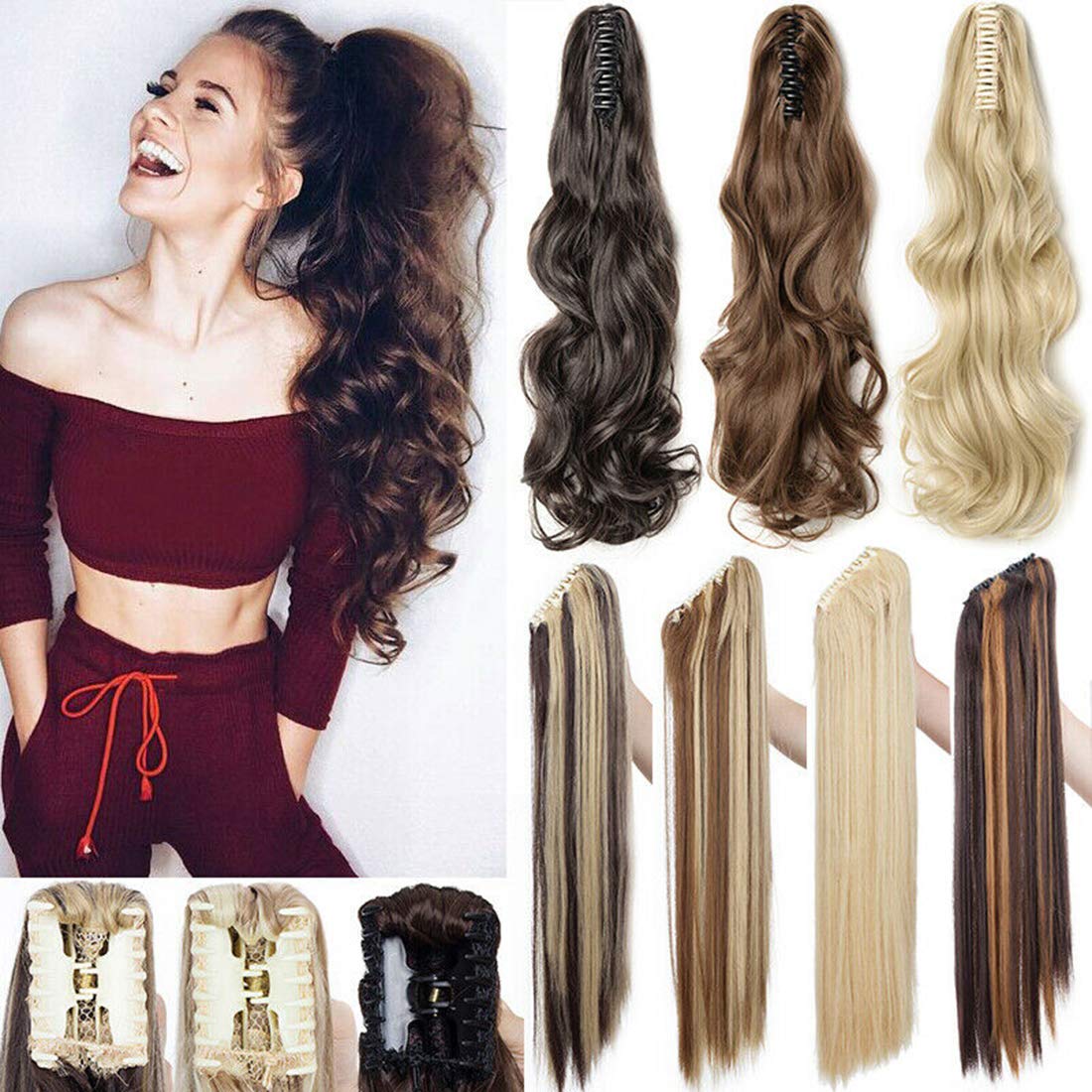 Long Short Claw Ponytail Hair Extensions One Piece Cute Clip in on Ponytail Jaw Claw on Straight Curly Hairpiece Brown Blonde Black Ombre 26" Straight Light brown & ash blonde