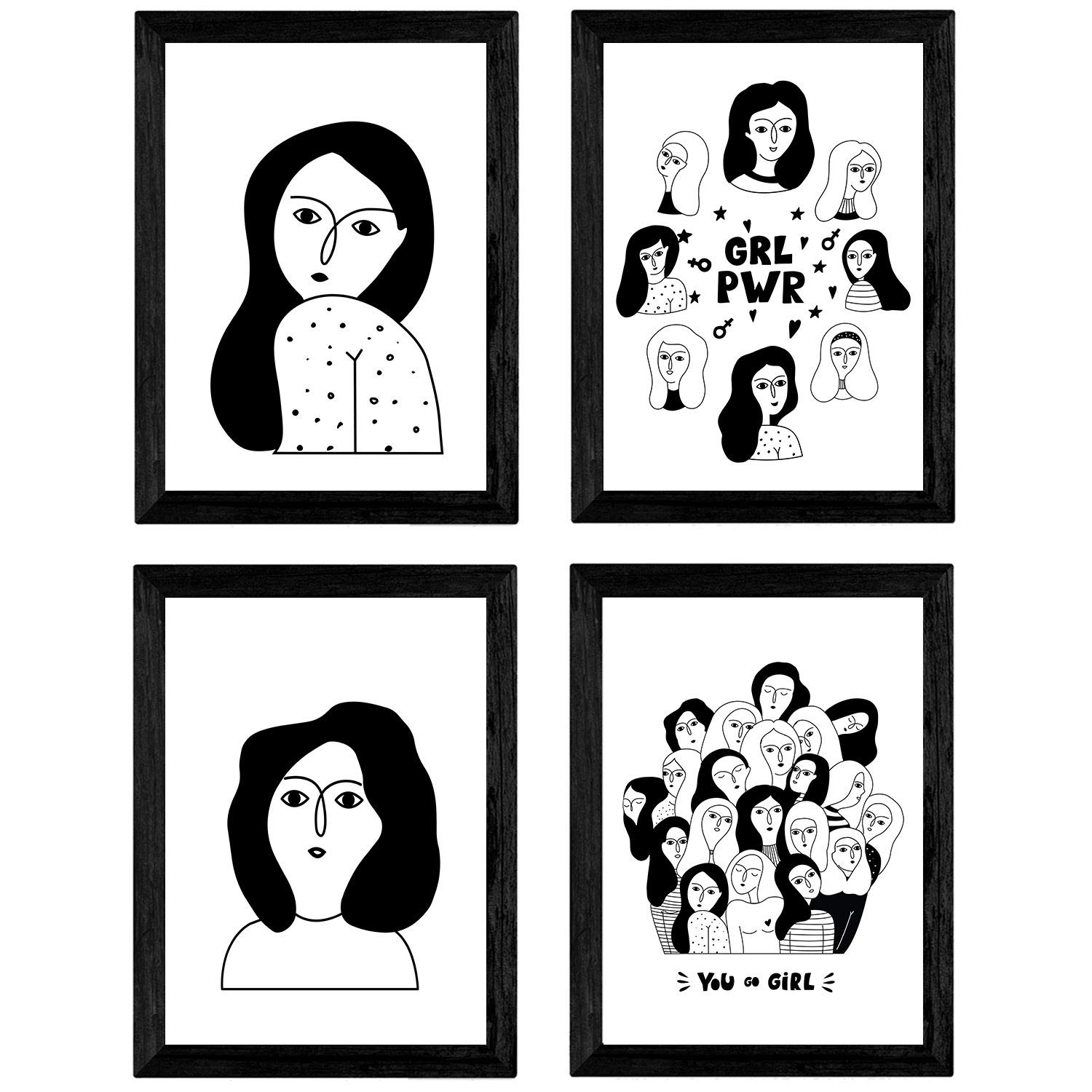 Nacnic Set of 4 sheets Four collage women. Posters with drawings of women. A4 unframed