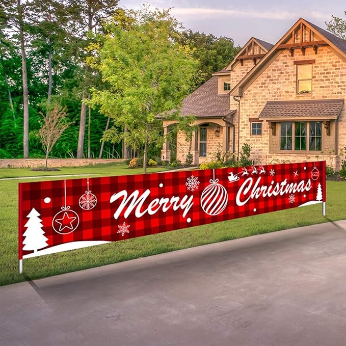 Large Merry Christmas Sign Hanging Banner Red Buffalo Plaid Porch