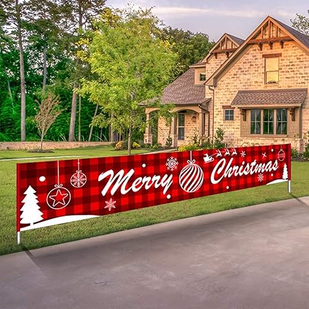 Best outdoor holiday decorations Large Merry Christmas Sign Hanging Banner Red Buffalo Plaid Porch