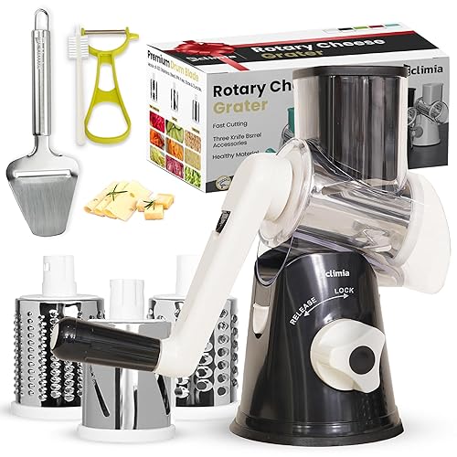ECLIMIA Rotary Cheese Grater | Best Kitchen Gift | Cheese grater Hand Crank with 3 Blades, Cheese Knife, Strong Suction Base, Peeler, and Cleaning Brush – Vegetable Shredder (Black)