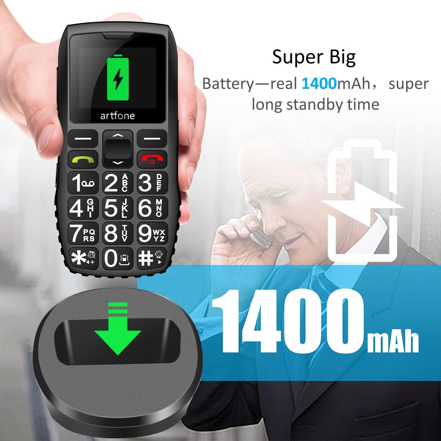 artfone C1+ Seniorenhandy ohne Vertrag | Nano SIM mit Notruftaste | Lange Standby-Zeit | Großtastenhandy mit Ladestation | Mobile Rentner Handy | 1800 mAh Akku 3