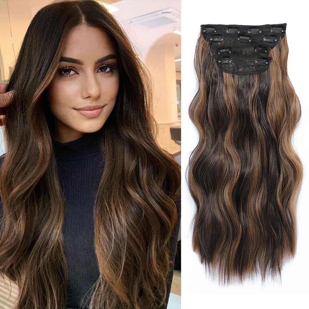 Hair Extensions Clip in 4pcs Dark Brown with Auburn Brown Highlights Hair Extension Long Wavy Full Head Clip in Hair Extension Synthetic Fiber Hair Pieces for Women