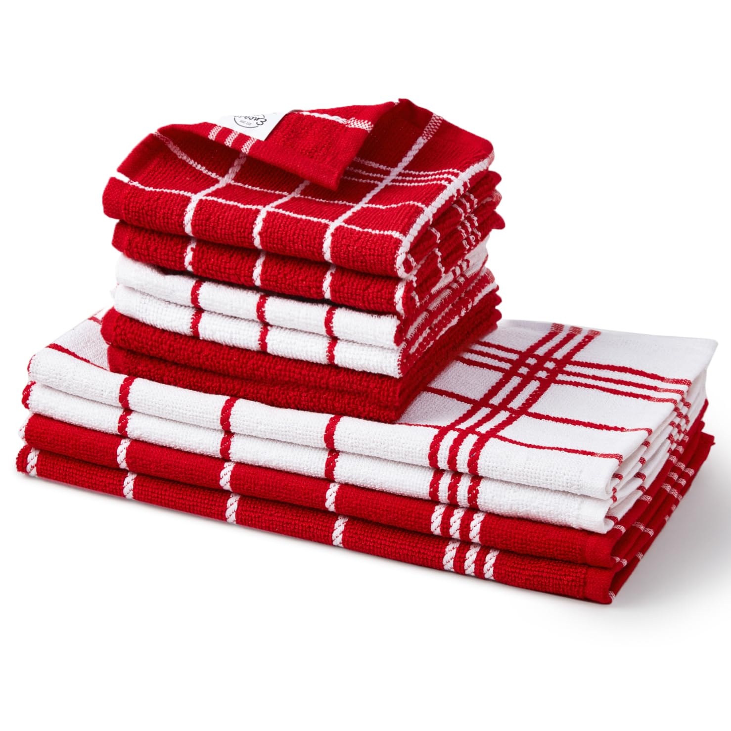 Encasa XO Kitchen Towels and Dish Cloths Sets | Red Combo Highly Absorbent Cotton Terry Towels | 30x30 cm & 40x60 cm | Multipurpose for Washing Dishes and Cleaning Pack of 10